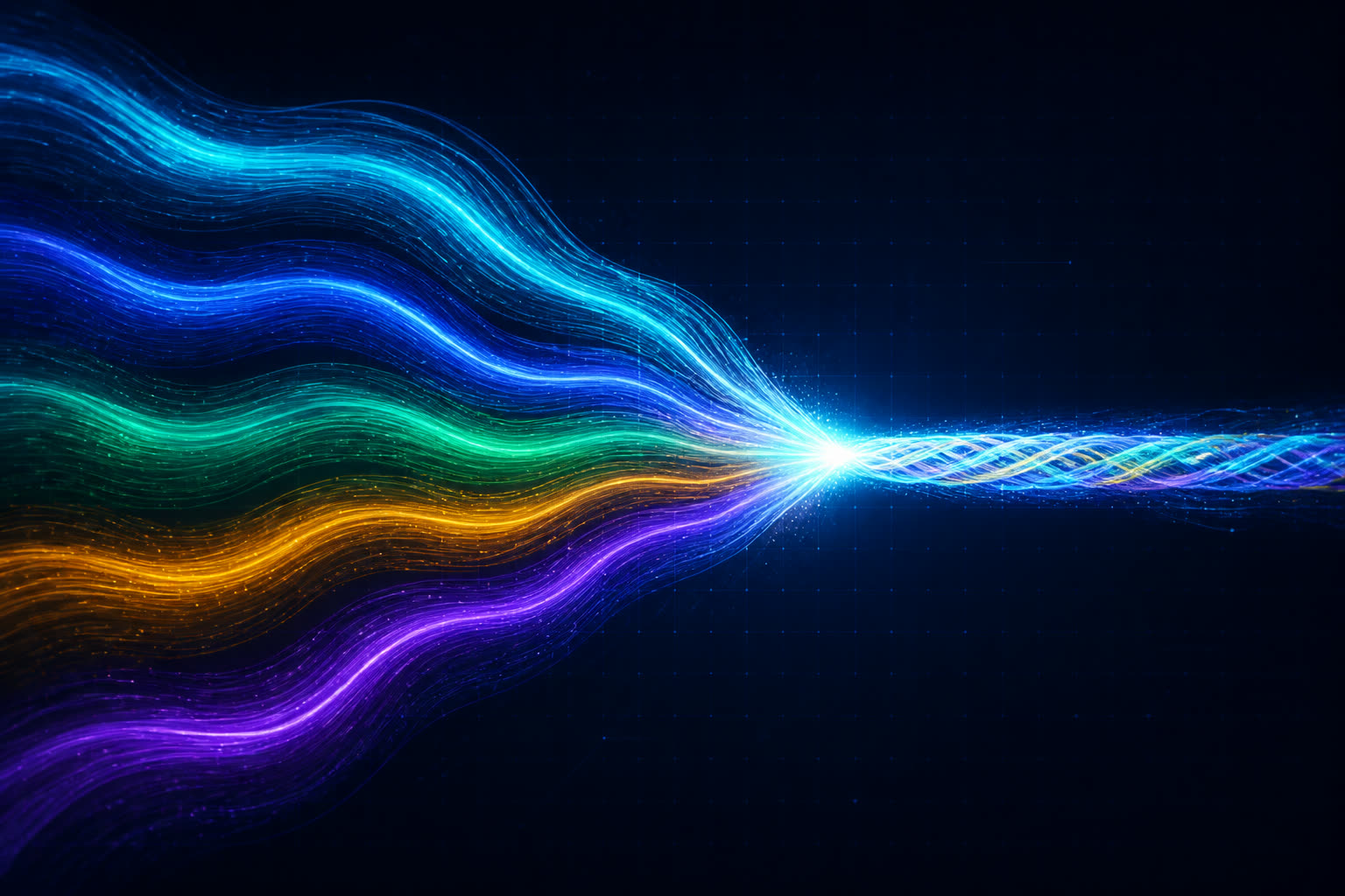 Abstract illustration: five luminous colored streams converging into a single bright node, then flowing on as one.
